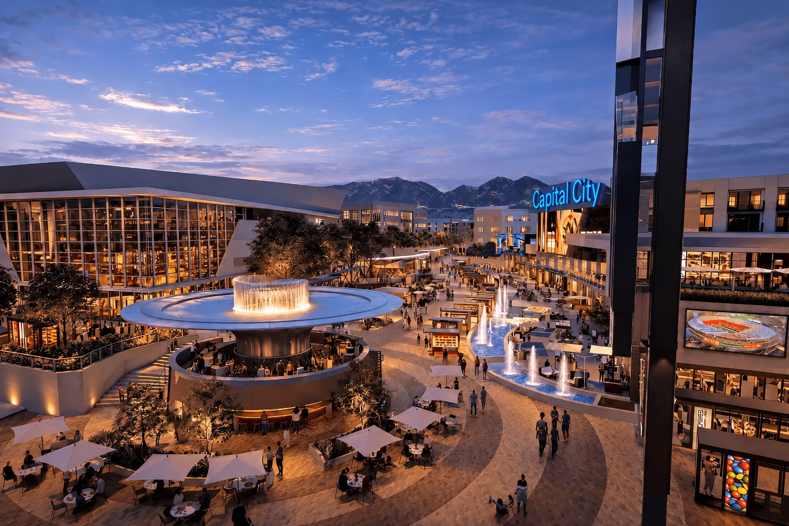 The Plaza at dusk from Edge, patios around the lit fountain