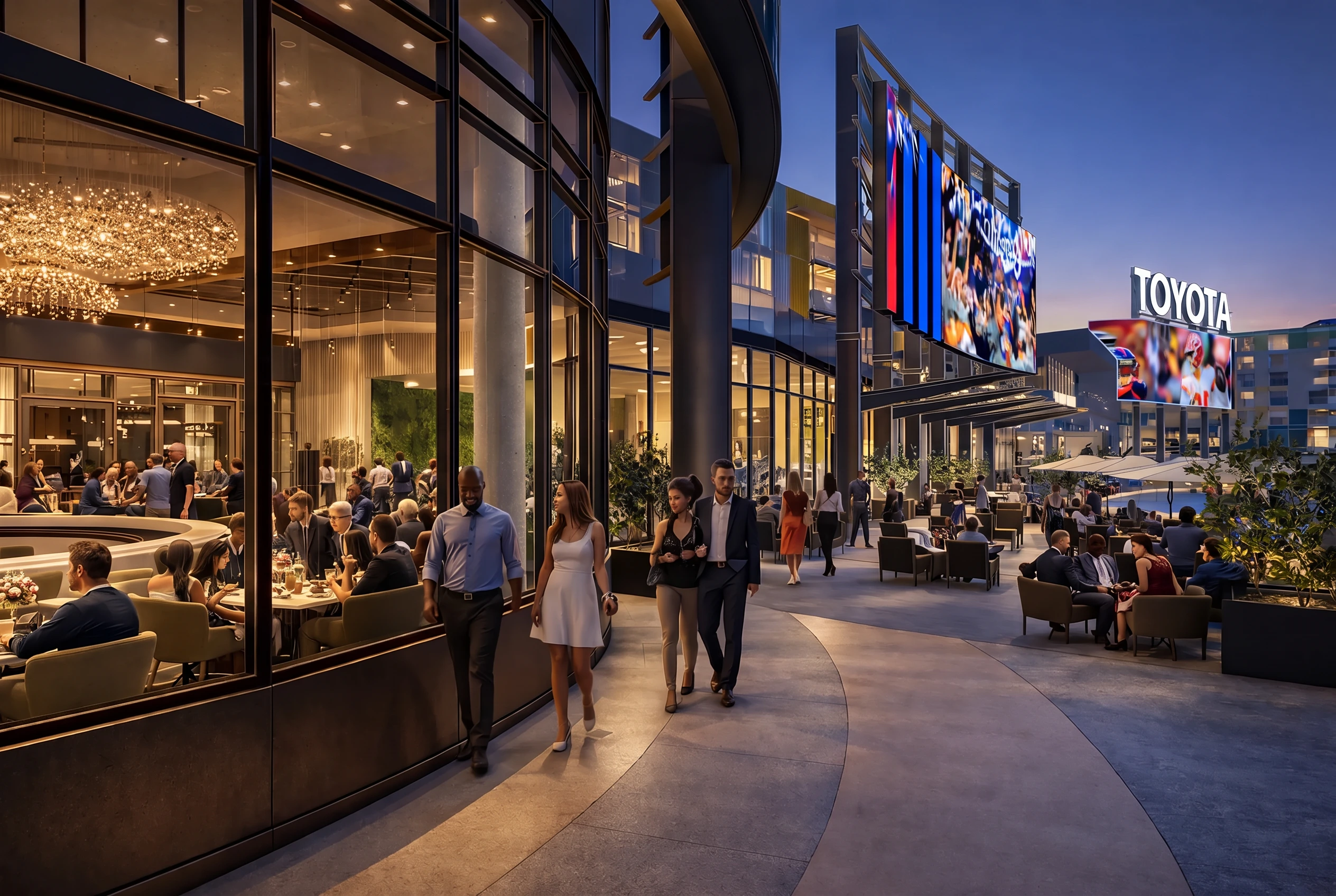 Edge, Lot A: restaurant frontage on the Plaza at dusk