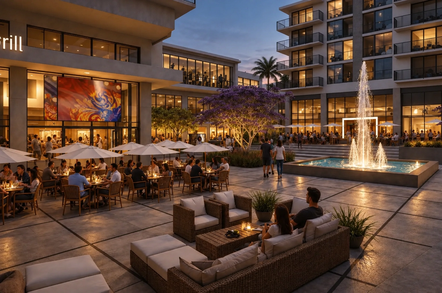 Lounge seating and patio dining around a fountain in the evening