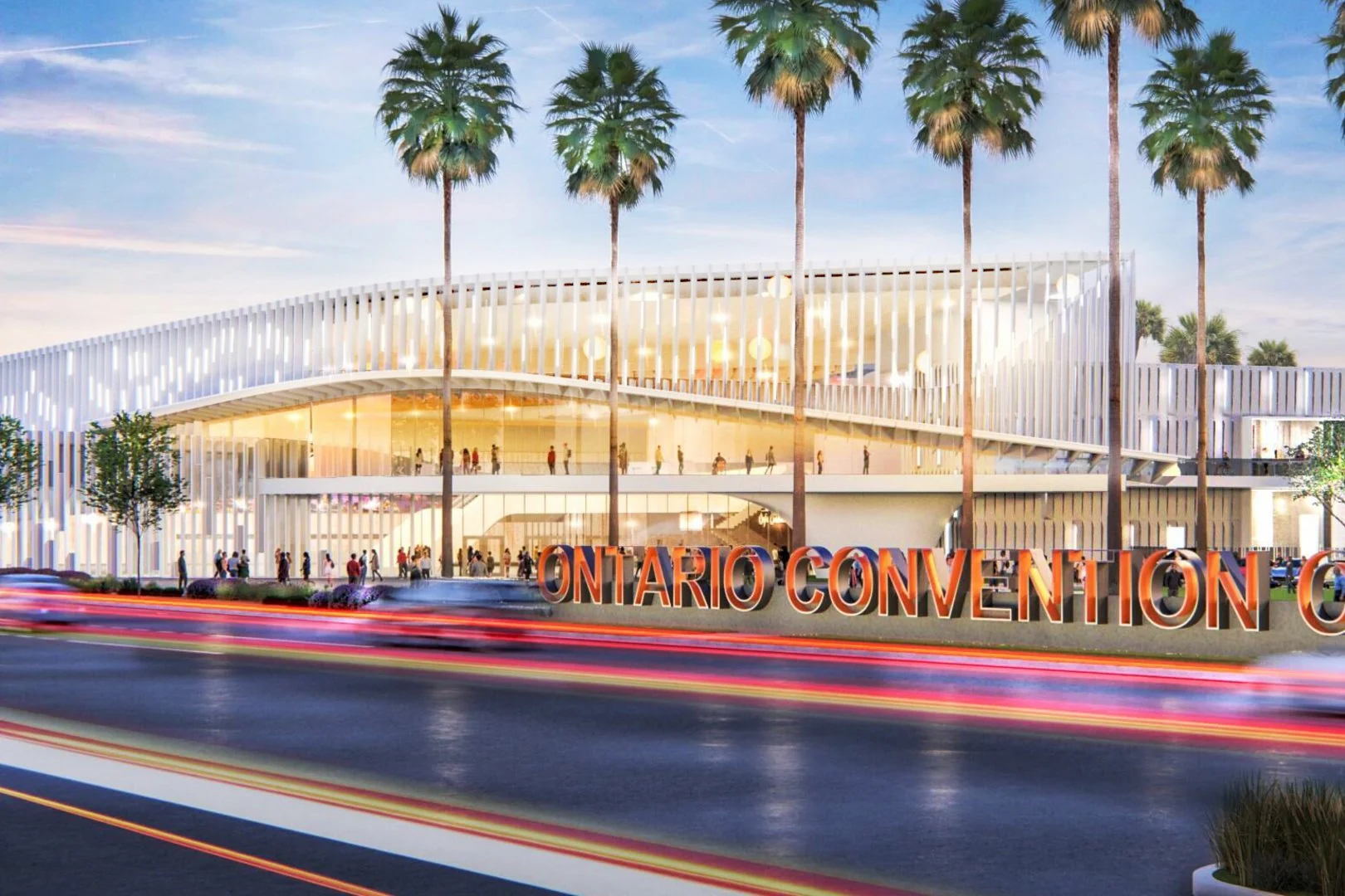 Rendering of the Ontario Convention Center at dusk, with its lettered sign along the street
