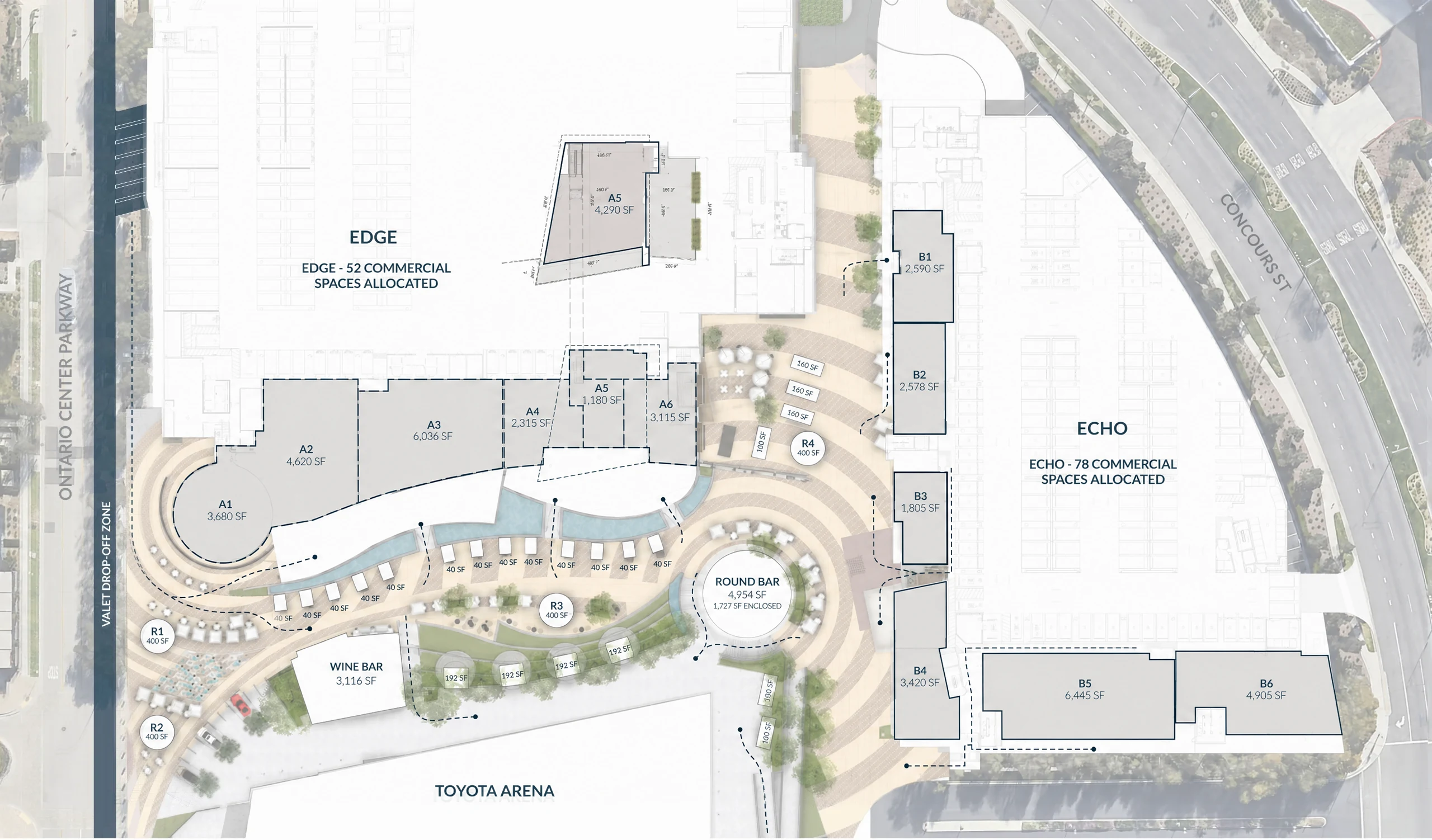 Phase One site plan: Edge suites A1 to A6 along the north side of the Plaza, Echo suites B1 to B6 along the east side, the Round Bar and Wine Bar on the Plaza floor, Toyota Arena to the south
