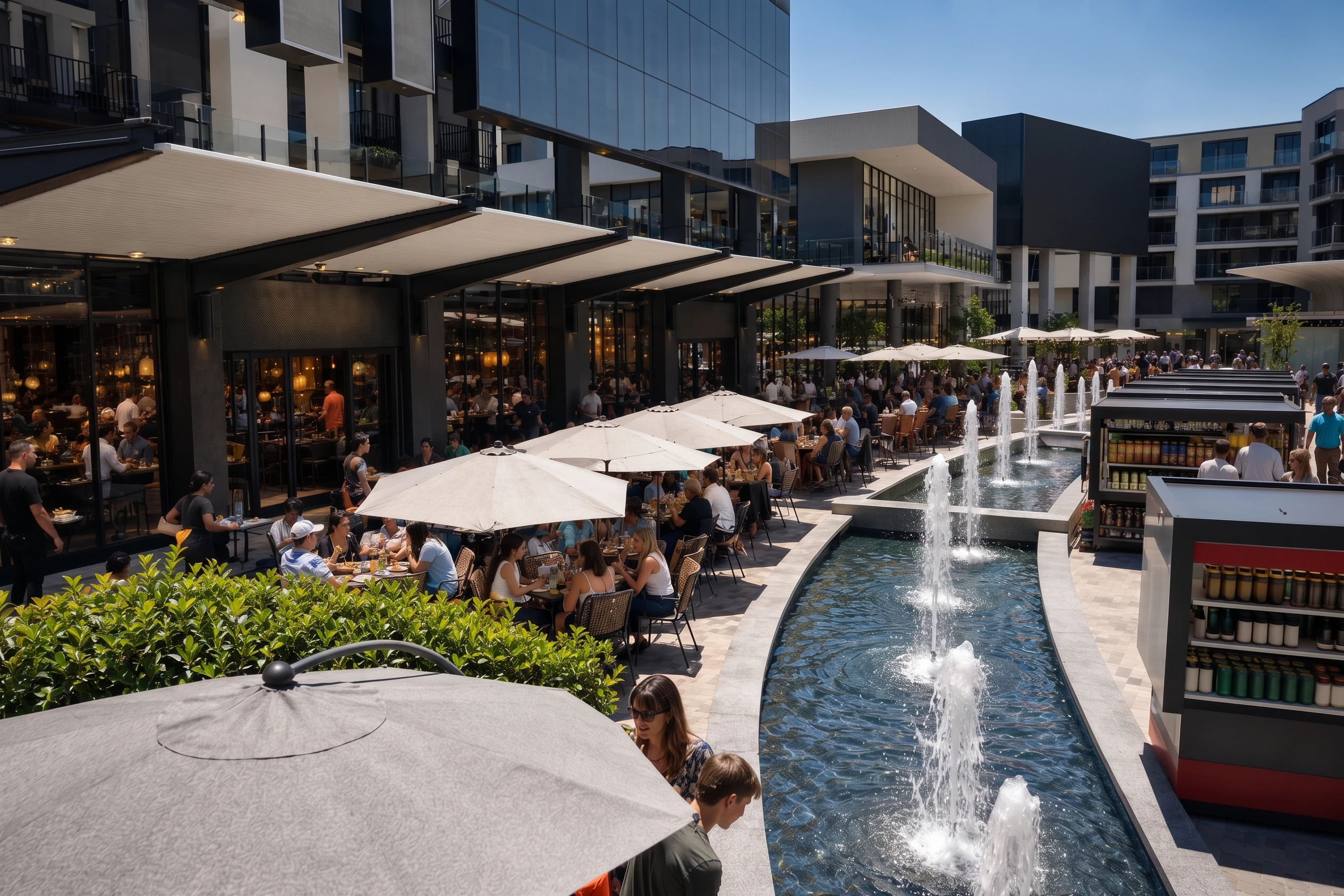 The Plaza fountain and restaurant patios, with residences above